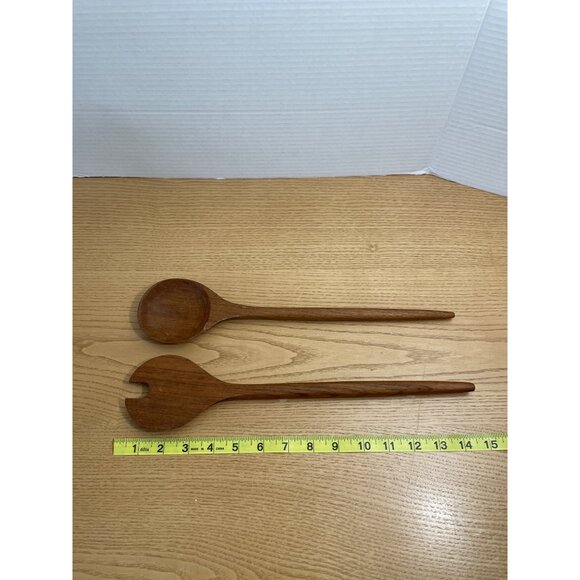 Vtg Wooden Salad Bowl & Serving Utensils Set Side Dishes Sturdy Well Made 11" - Picture 7 of 7